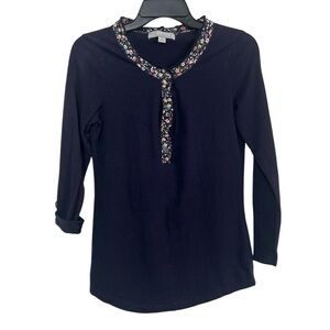 Carolyn Taylor Navy Blue Henley Top with Floral Trim Detail - Size Small